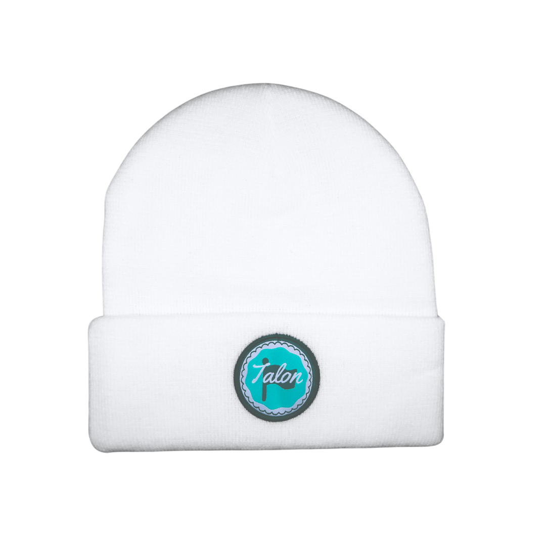 White Knit Beanie w/ Green & Teal Circle Logo