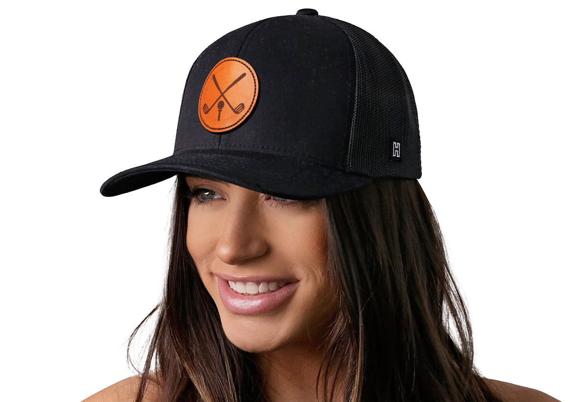 Haka Crossed Clubs Leather Patch Golf Trucker Hat - Black
