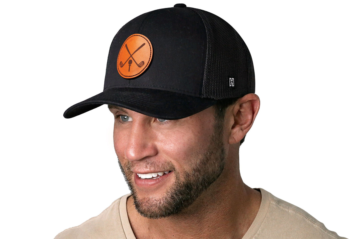 Haka Crossed Clubs Leather Patch Golf Trucker Hat - Black