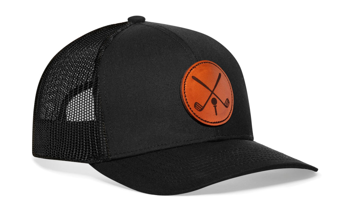 Haka Crossed Clubs Leather Patch Golf Trucker Hat - Black